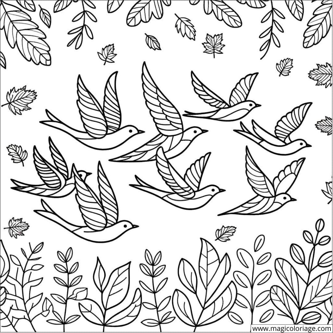 Dessin à colorier d'oiseaux migrateurs en automne