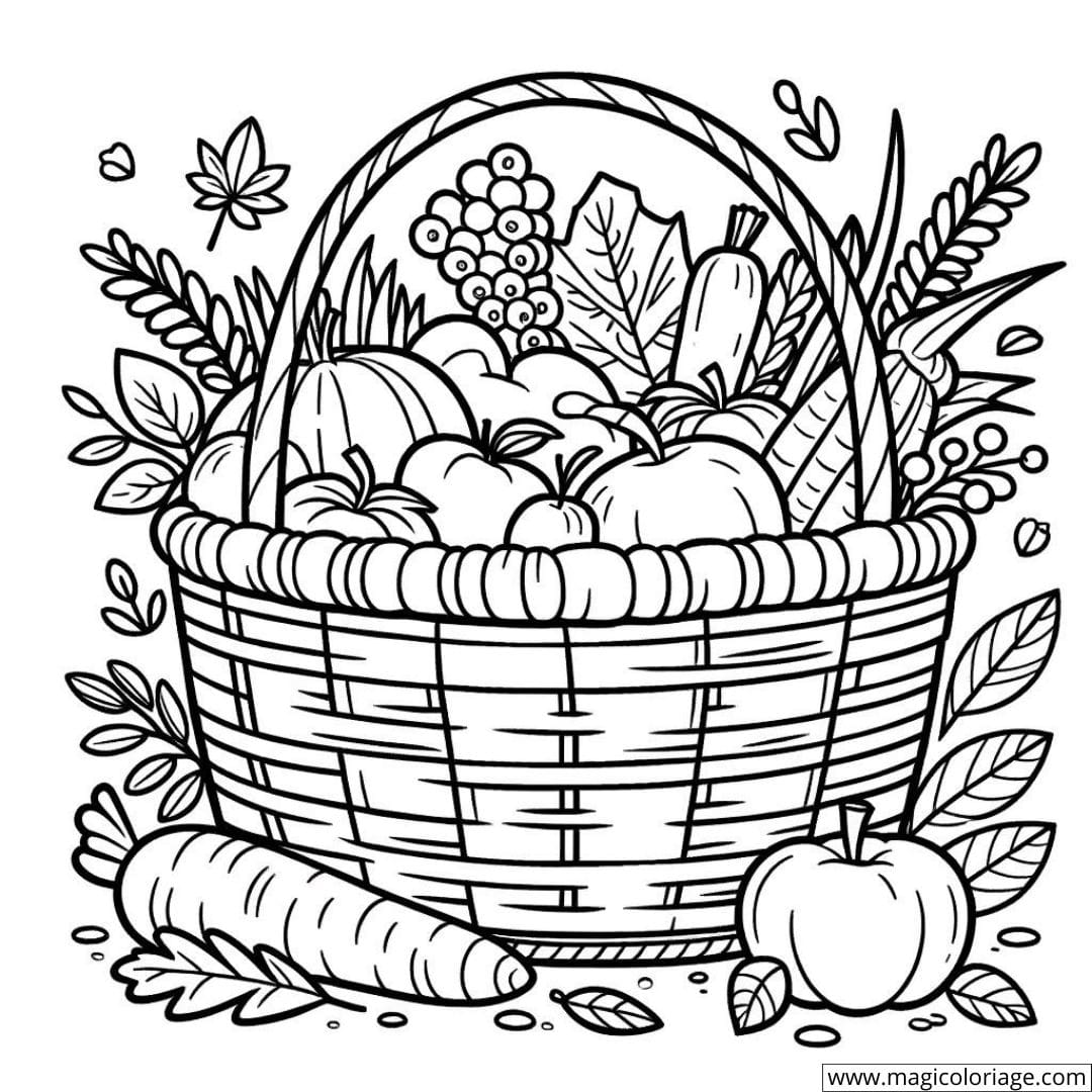 Dessin à colorier d'un panier de récolte pour enfants.