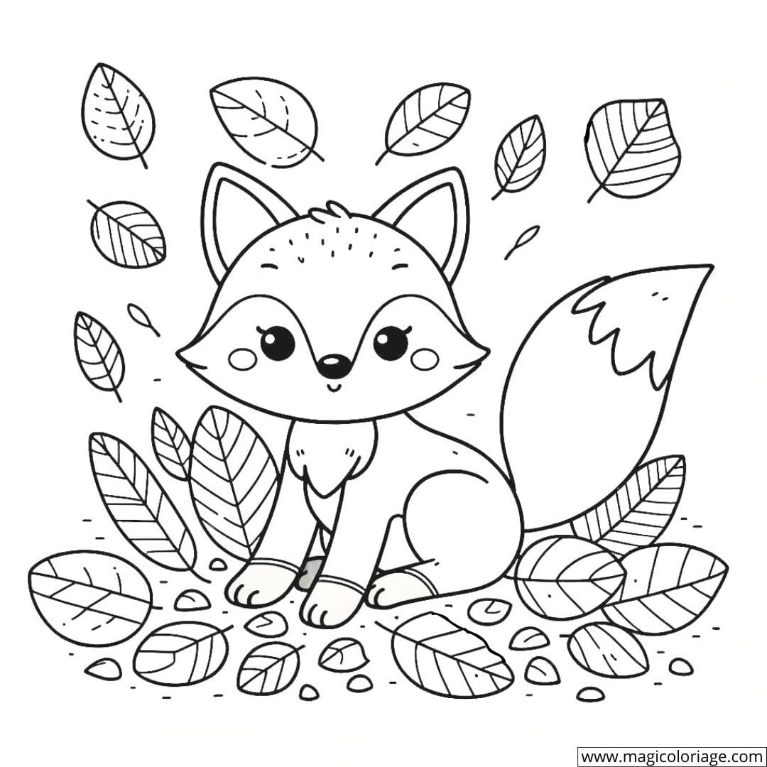Dessin à colorier d'un renard entouré de feuilles d'automne