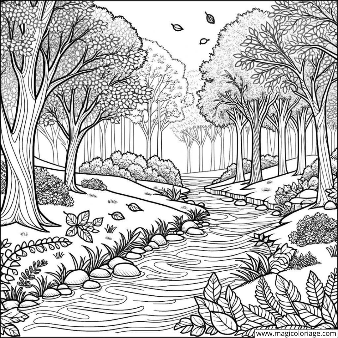 Dessin à colorier d'un ruisseau entouré d'arbres en automne