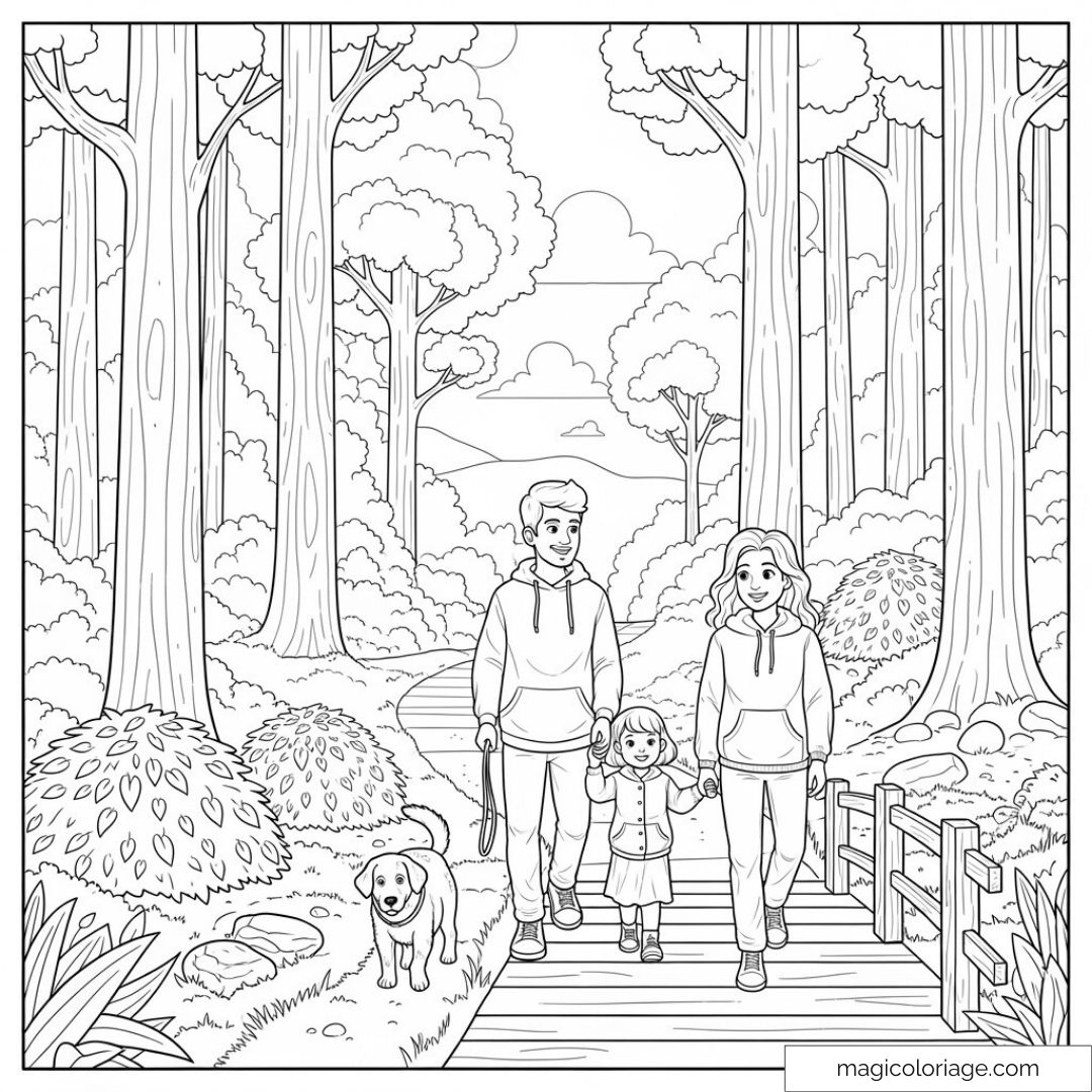 Coloriage famille promenade forêt avec chien