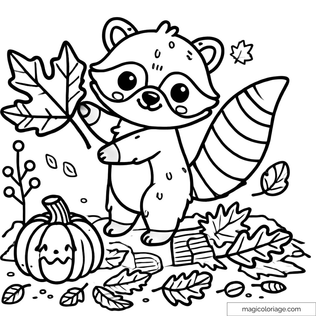 Coloriage raton laveur et feuilles d'automne à imprimer, pour les enfants adorant les animaux et la nature.