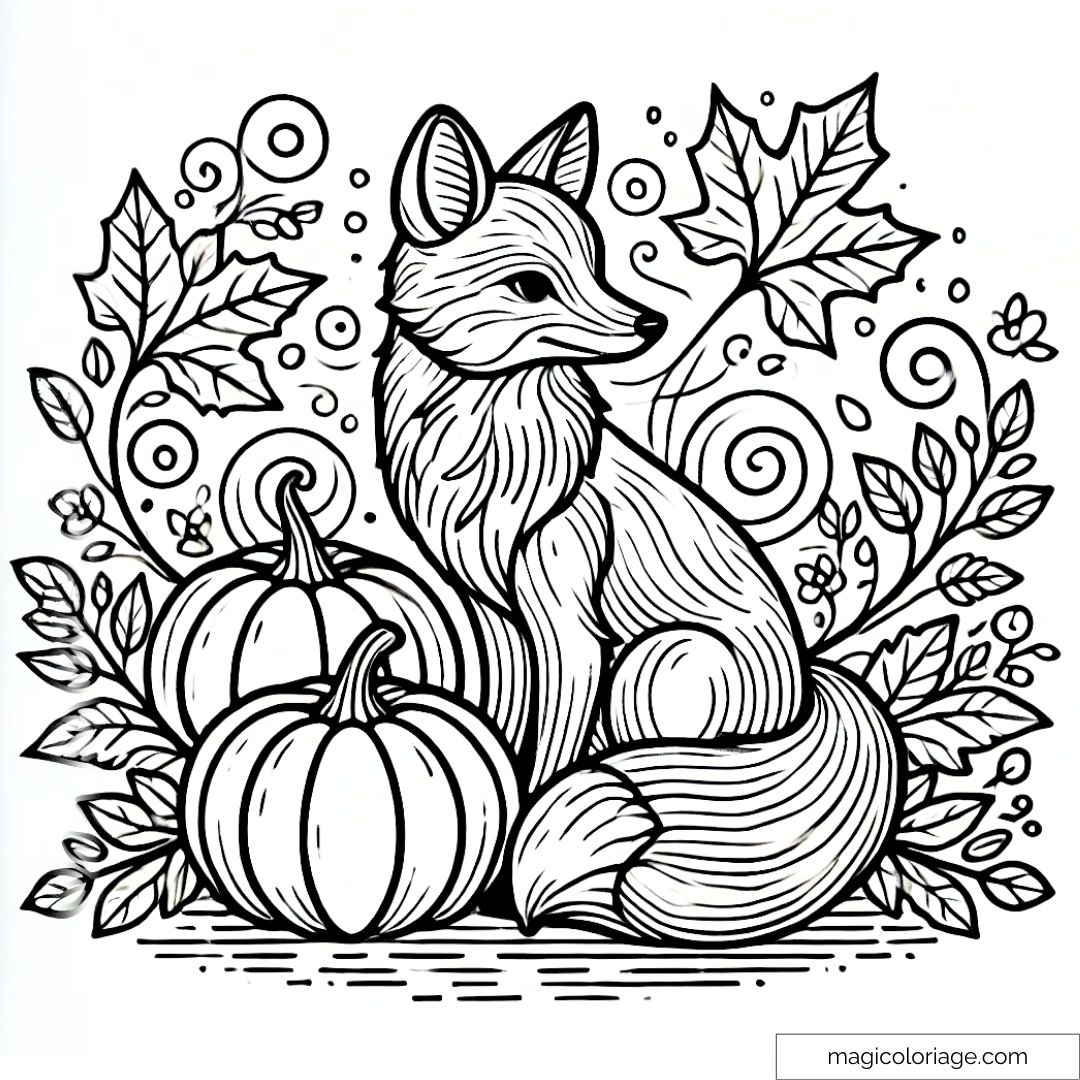 Coloriage renard en automne avec des citrouilles et feuilles, dans un style graphique simple.