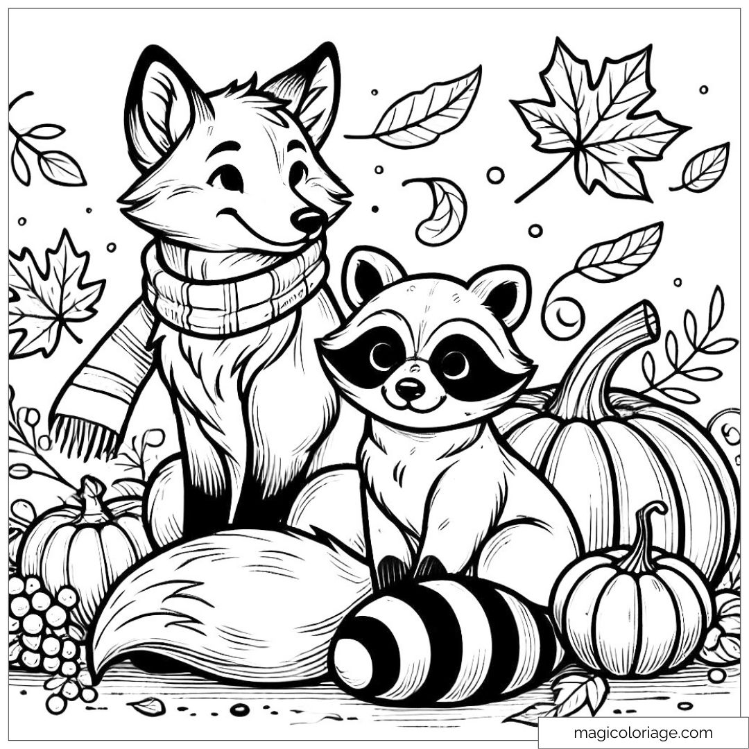 Coloriage d'un renard et d'un raton laveur assis sur des feuilles d'automne avec des citrouilles, à imprimer pour les enfants en maternelle.