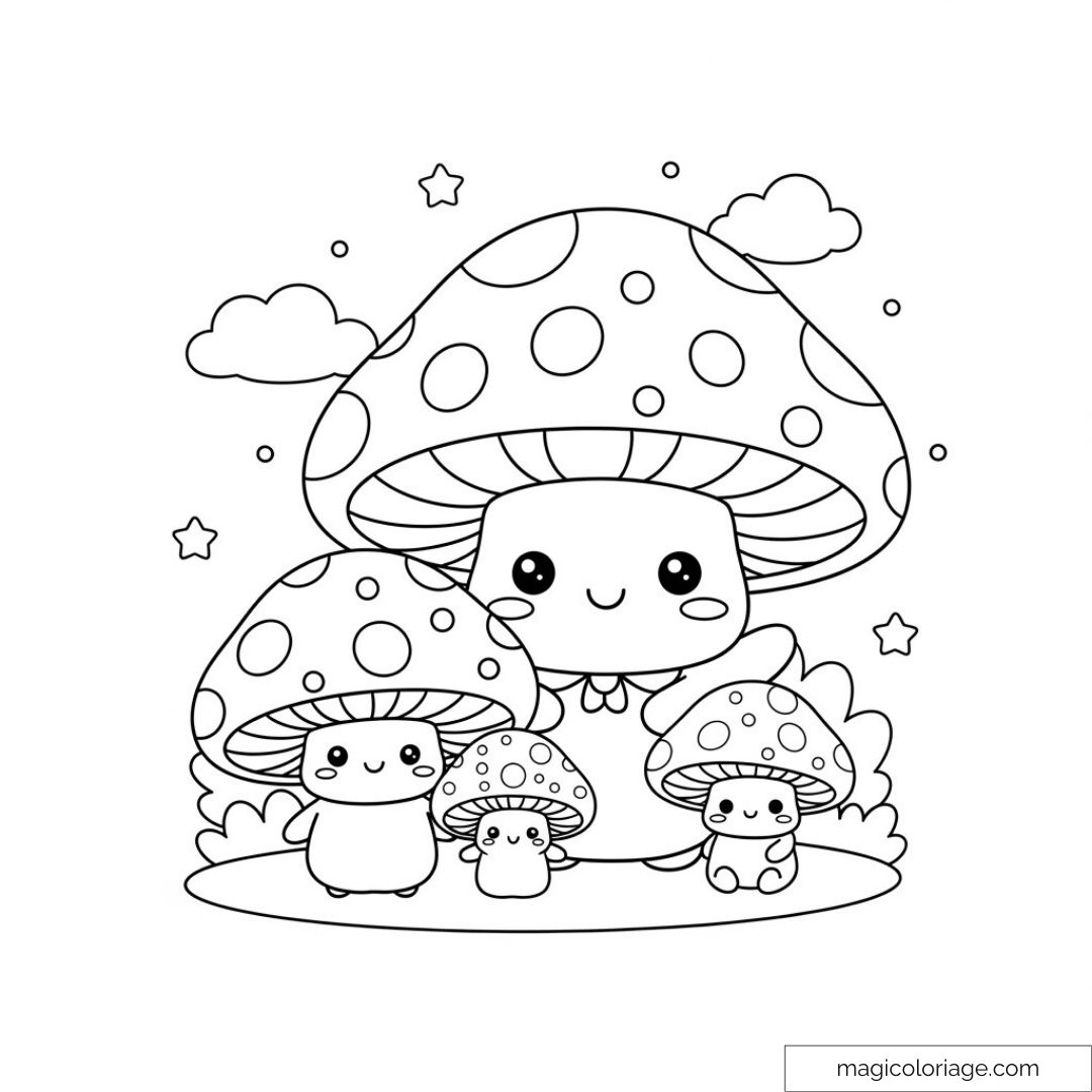 Champignons adorables à colorier avec leurs visages souriants dans la nature