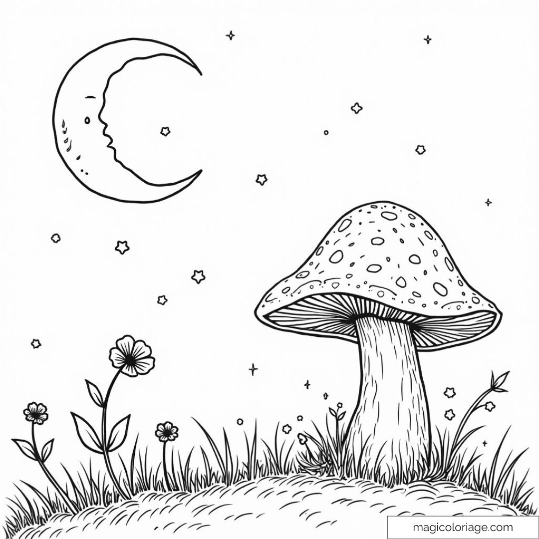 Champignon sous la lune avec étoiles et herbe.