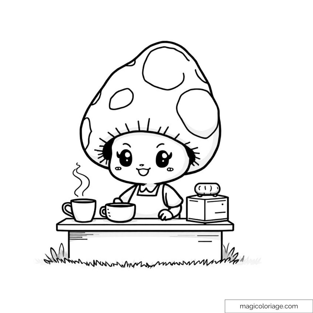 Dessin mignon d'un petit champignon avec une tasse de café et un gâteau sur une table.