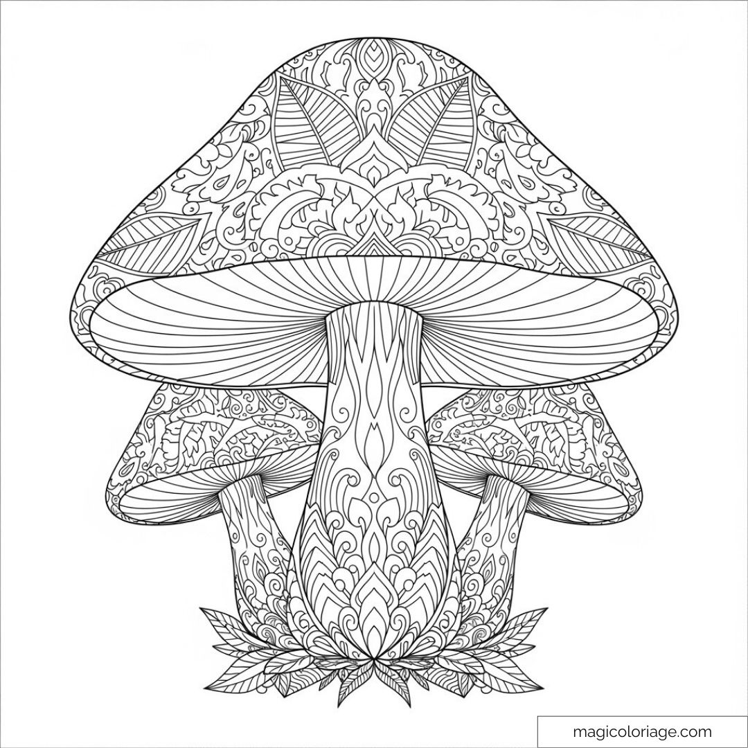 Dessin de champignons décoratifs avec motifs floraux à colorier