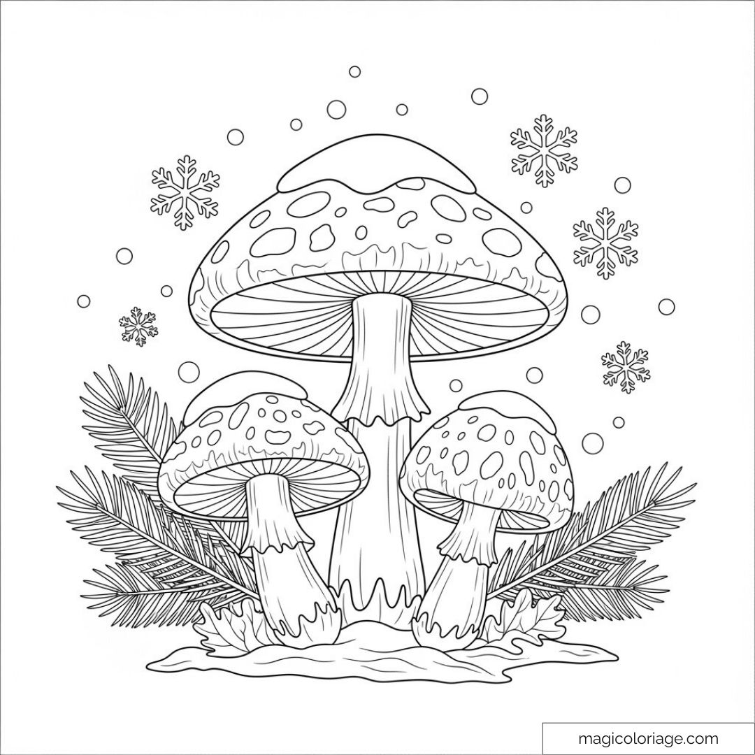 Dessin de champignons entourés de flocons de neige et branches de sapin.