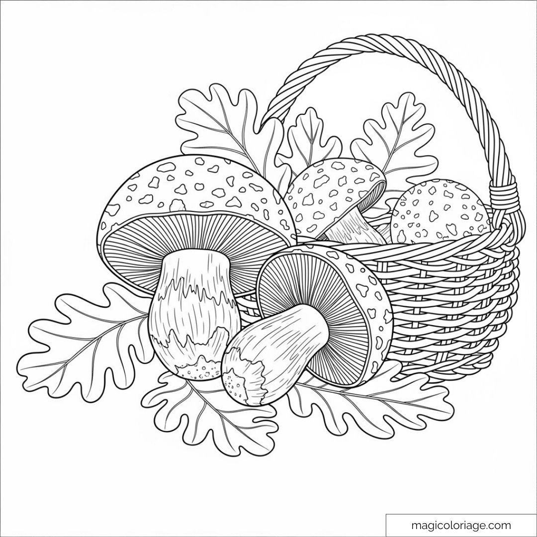 Image de champignons et de feuilles dans un panier à colorier.