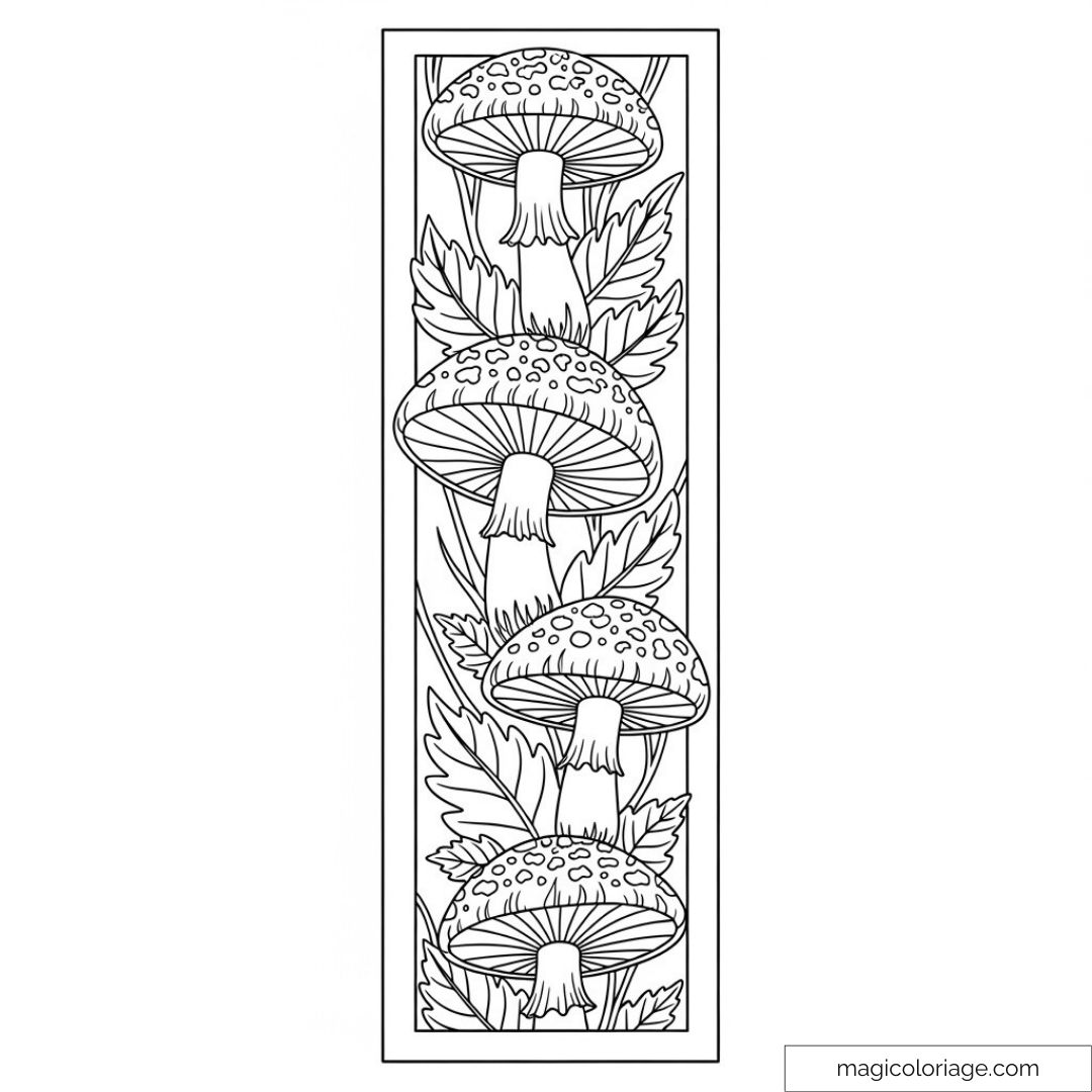 Illustration de champignons et feuillage détaillé à colorier.