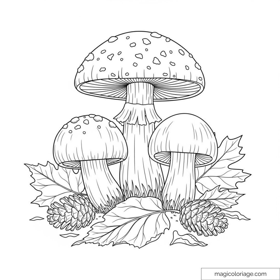 Dessin de champignons entourés de feuilles et pommes de pin