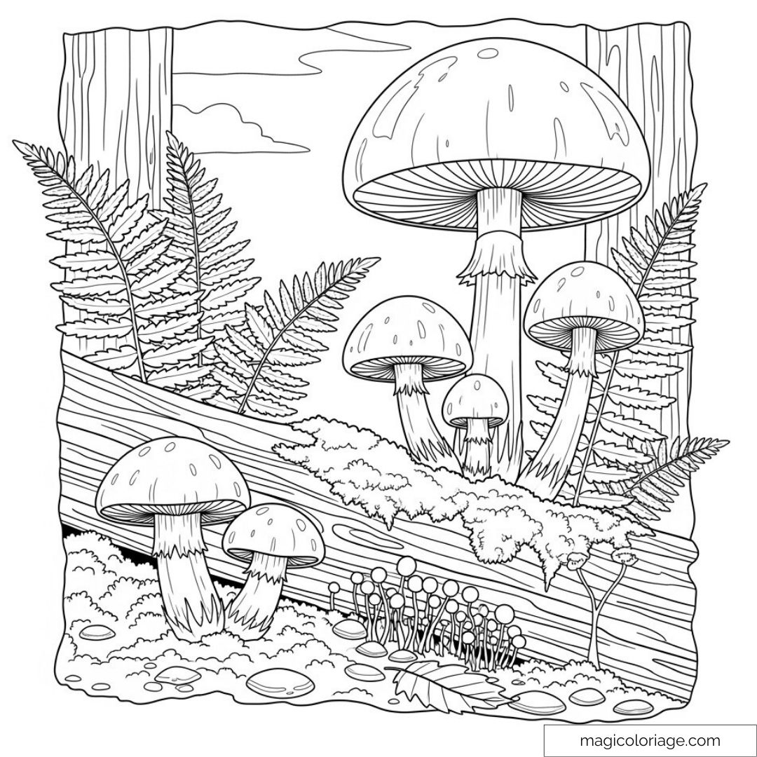 Dessin forestier de champignons et fougères à colorier
