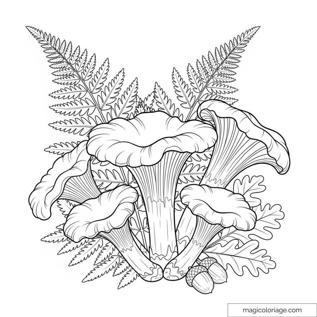 Dessin de champignons et fougères avec glands à colorier