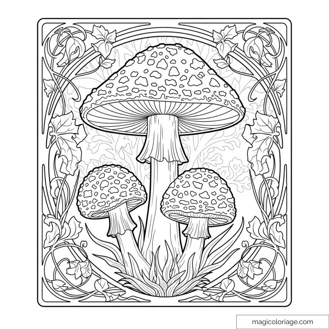 Dessin de champignons entouré de feuillage