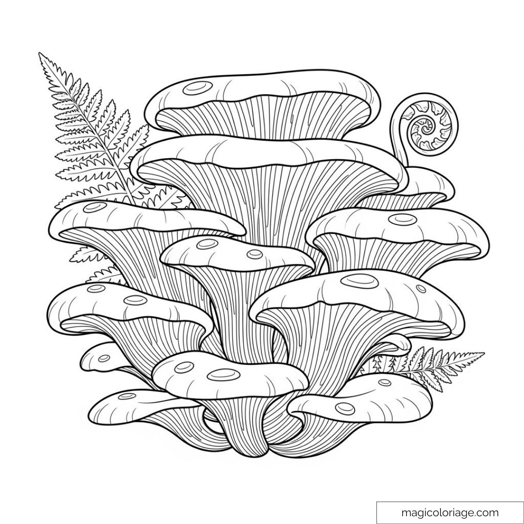 Dessin de champignons féeriques et fougères à colorier pour adultes.
