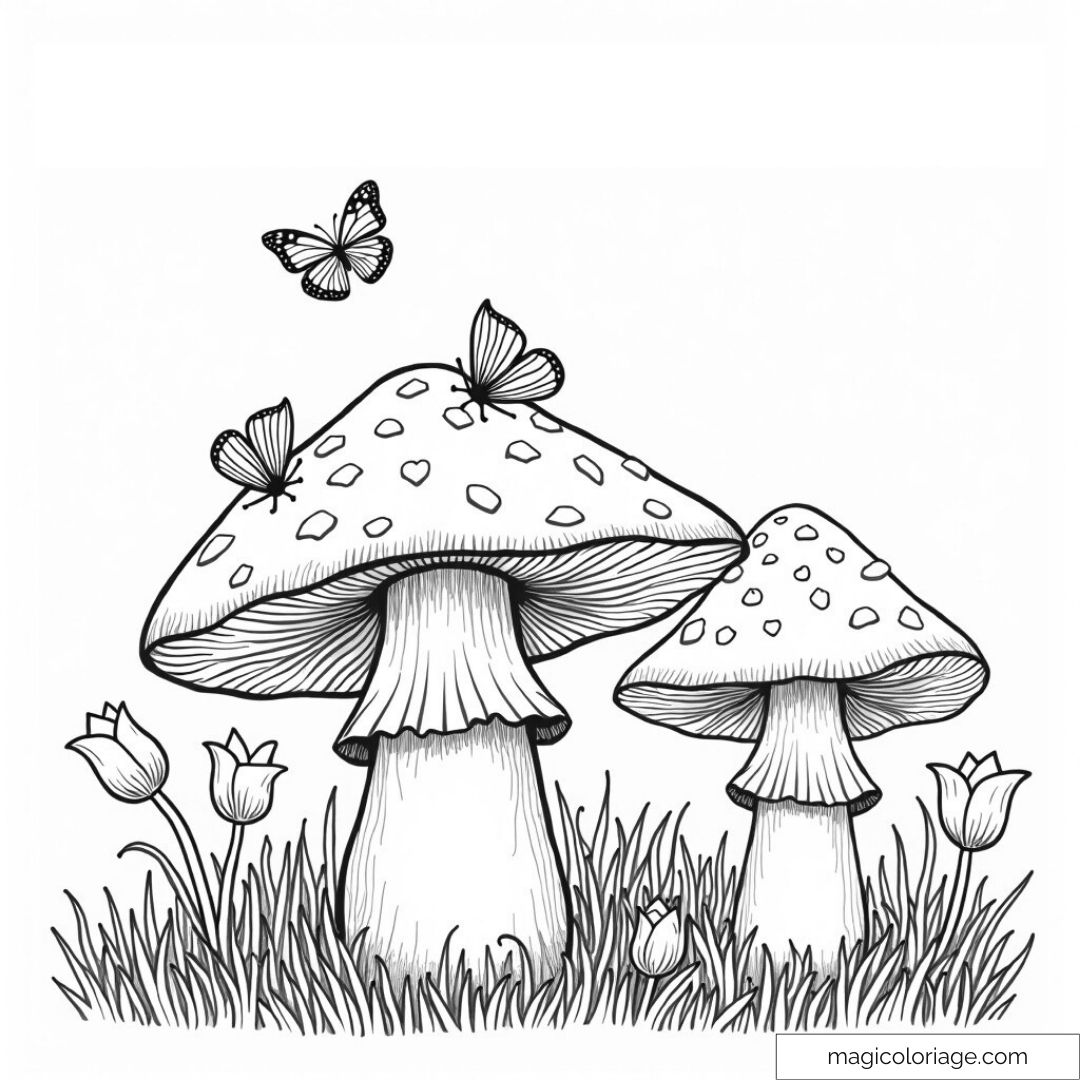 Dessin de champignons et papillons dans l'herbe.