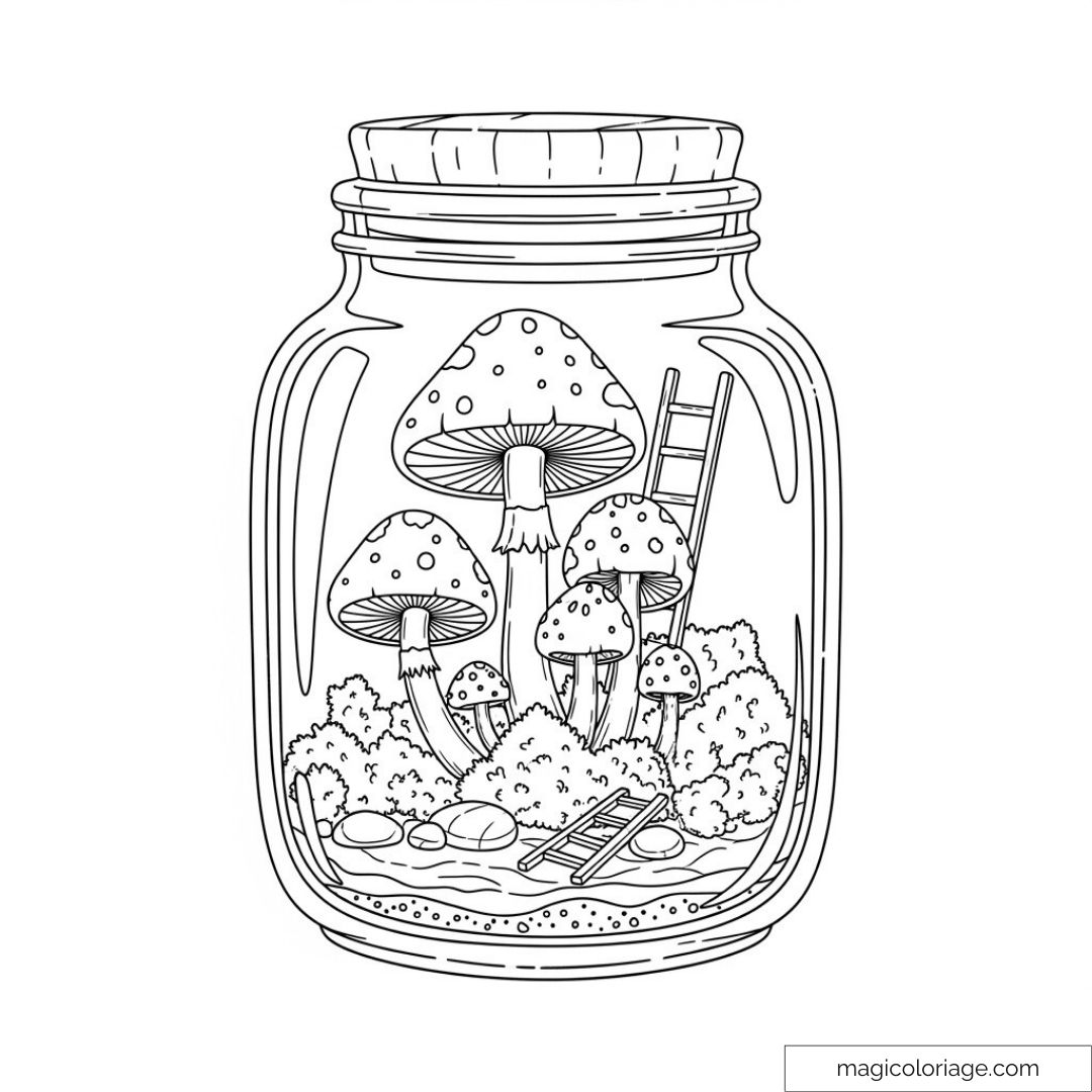 Dessin de champignons magiques dans un bocal en verre avec une échelle.