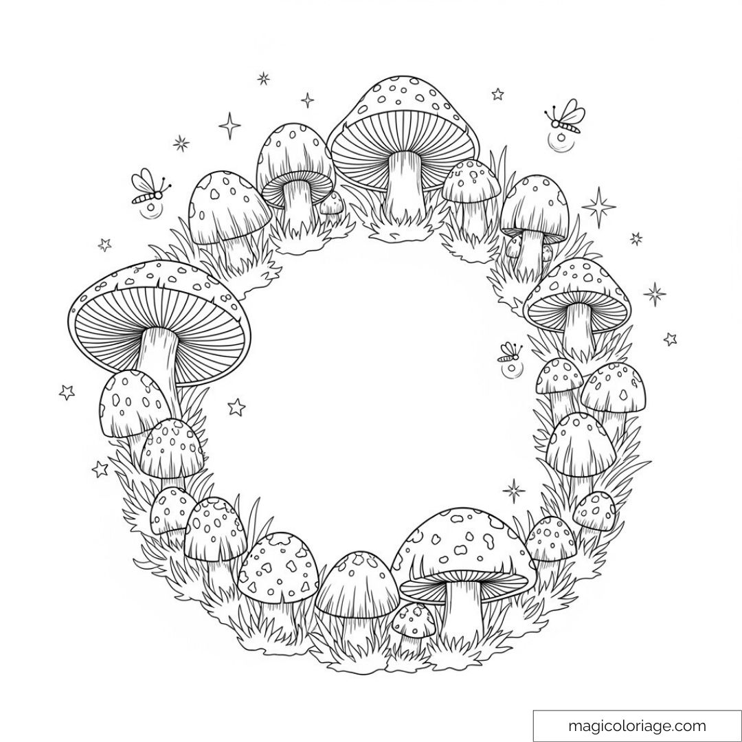 Dessin de champignons et insectes en cercle féérique à colorier