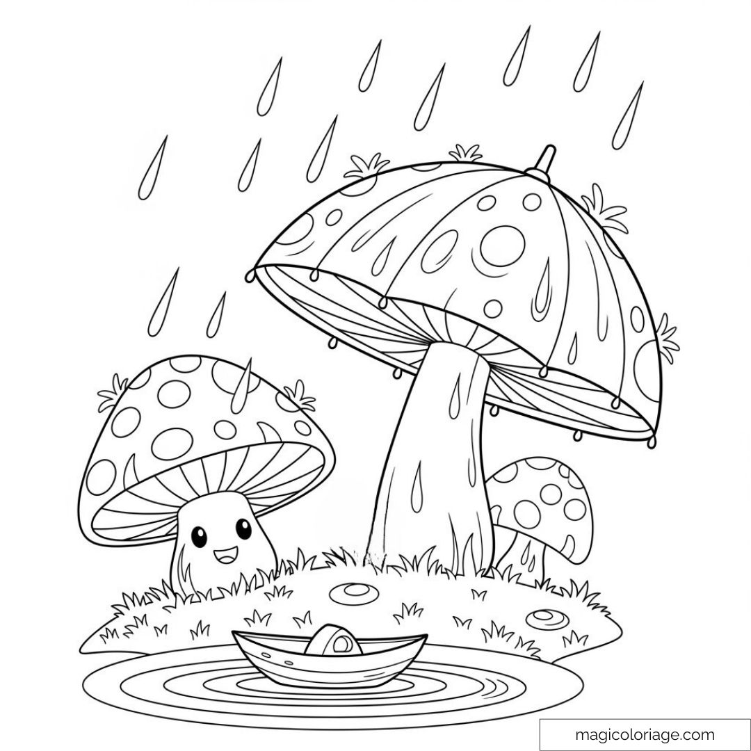 Dessin représentant des champignons souriants sous une pluie légère.