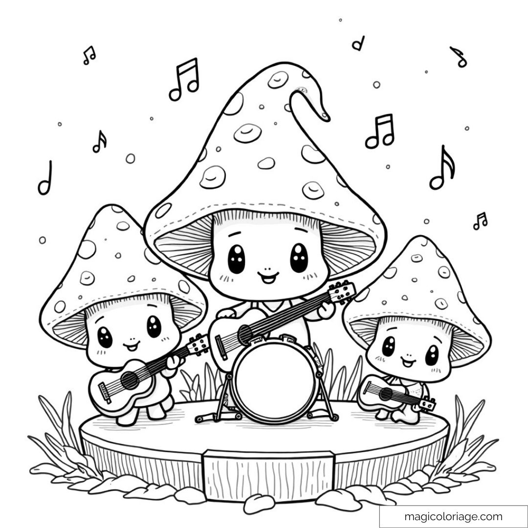 Dessin de petits champignons musiciens jouant de la guitare et de la batterie sur scène