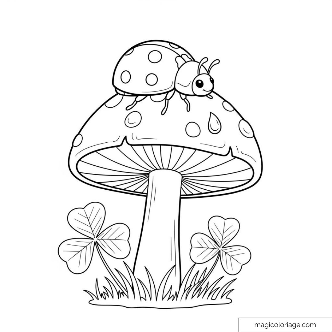 Coccinelle sur champignon dessin à colorier avec trèfles.