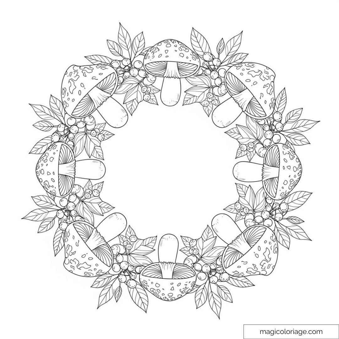 Couronne de champignons avec feuilles et baies à colorier