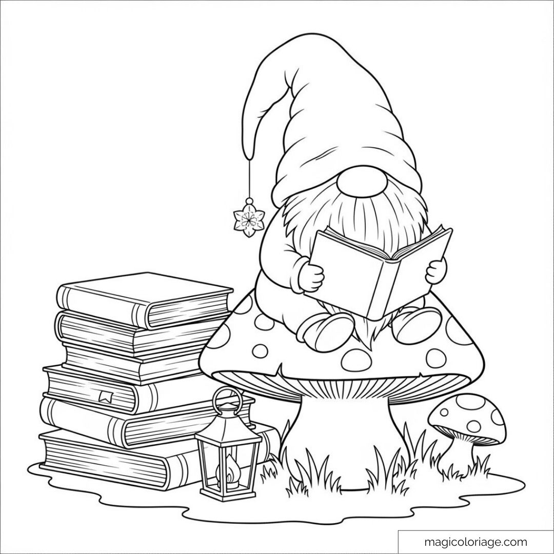 Gnome assis lisant sur un champignon avec des livres et une lanterne.