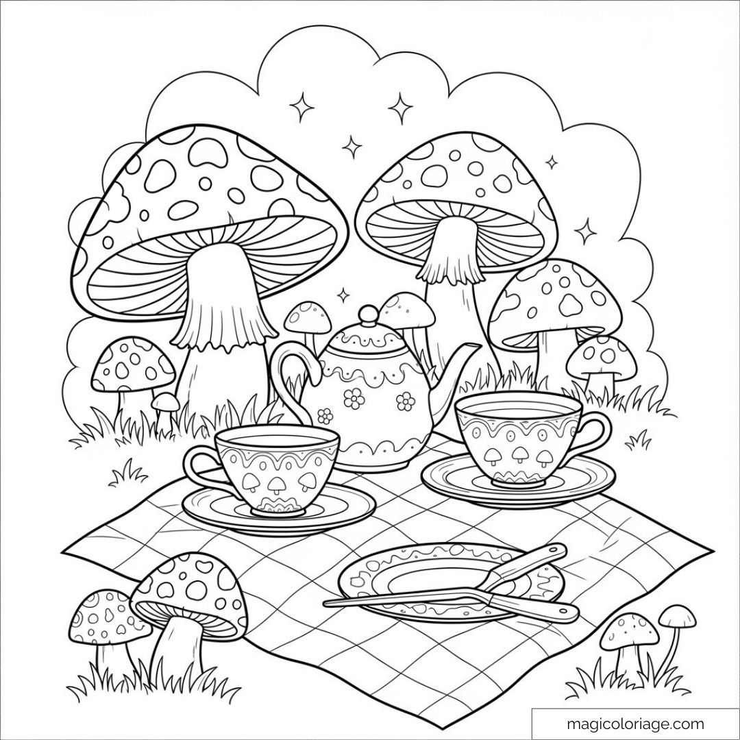Illustration de pique-nique féérique avec théière et champignons géants.