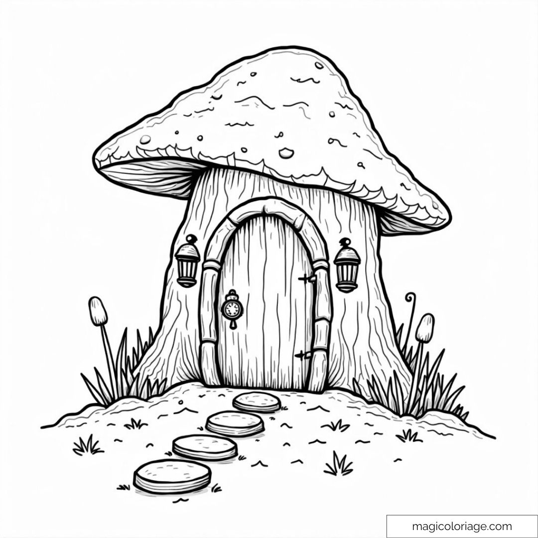 Dessin noir et blanc d'une maisonnette champignon avec chemin
