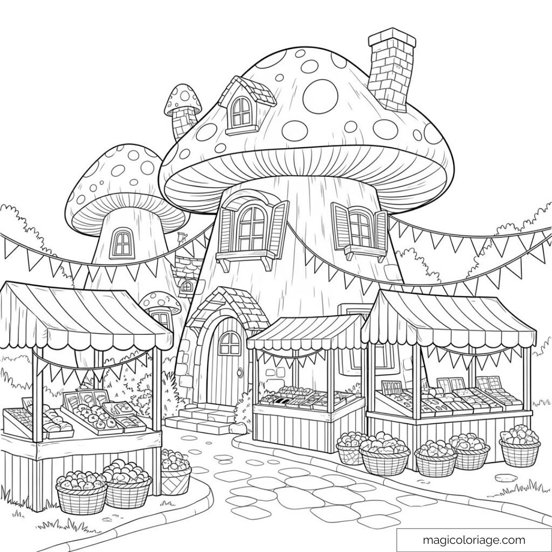 Village de maisons champignons avec étals de marché et paniers de fruits