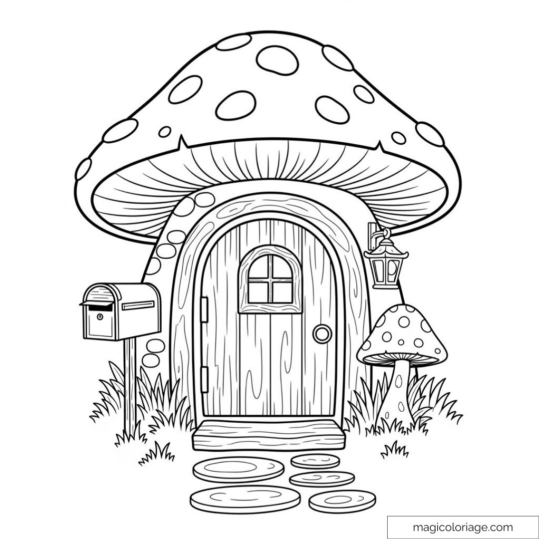 Dessin de maison champignon avec boîte aux lettres et lanterne