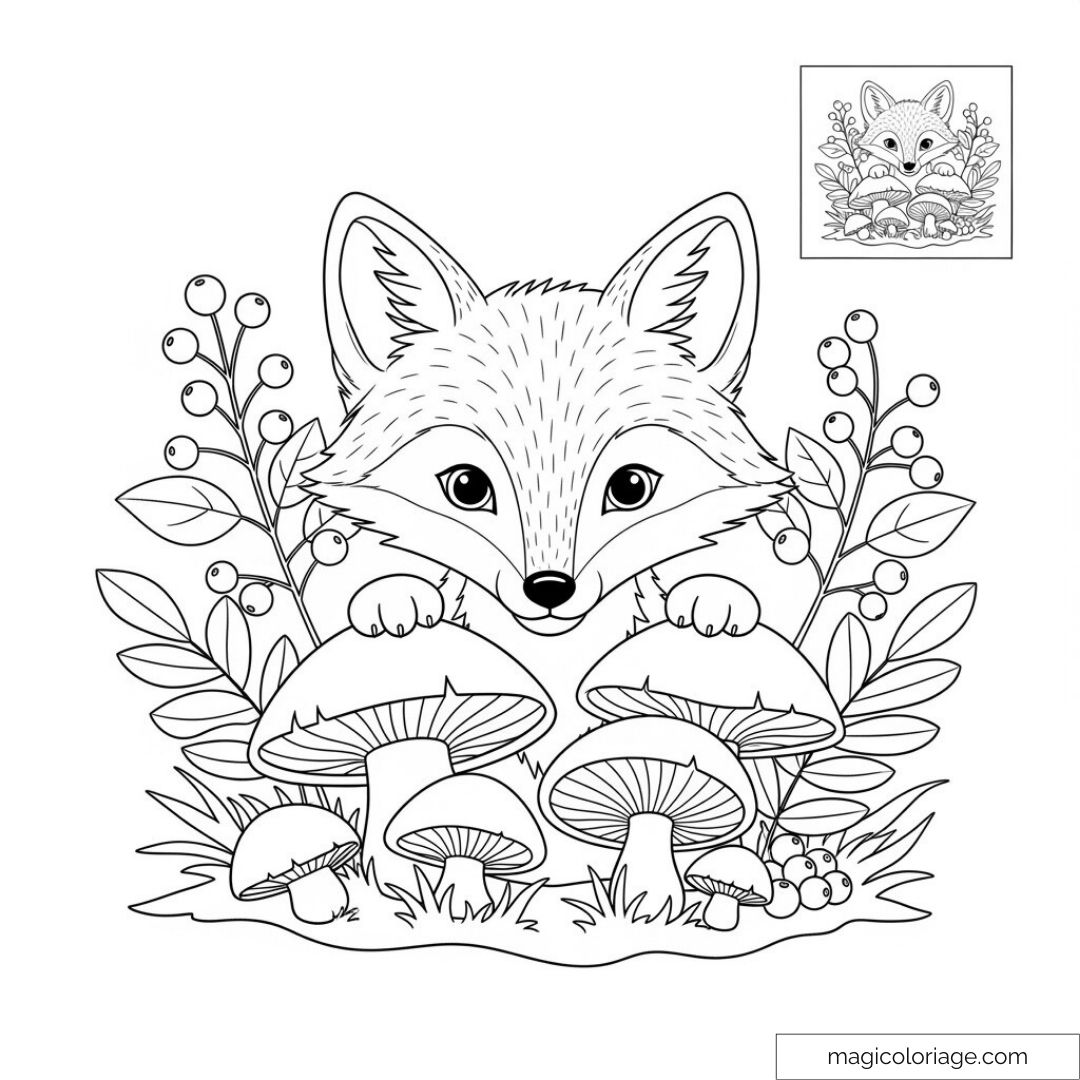Renard et champignons entourés de baies