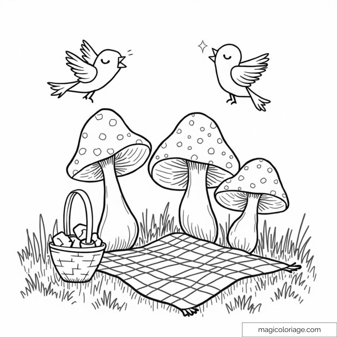 Dessin d'oiseaux chantant au-dessus d'un pique-nique avec champignons.