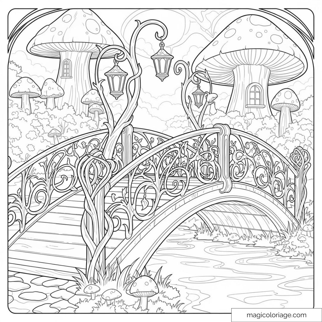 Pont décoratif entouré de champignons géants
