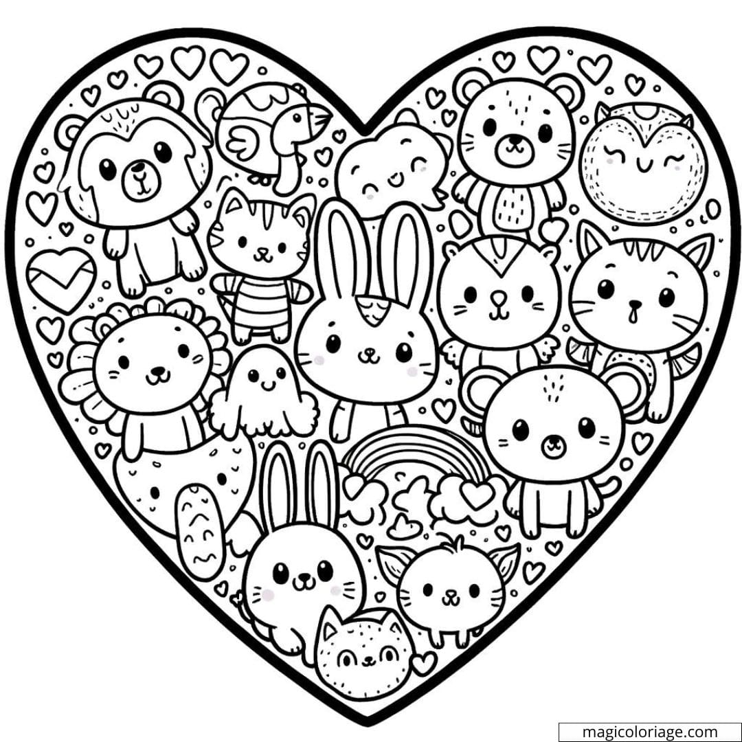 Coloriage à imprimer de cœur avec des animaux mignons à l'intérieur