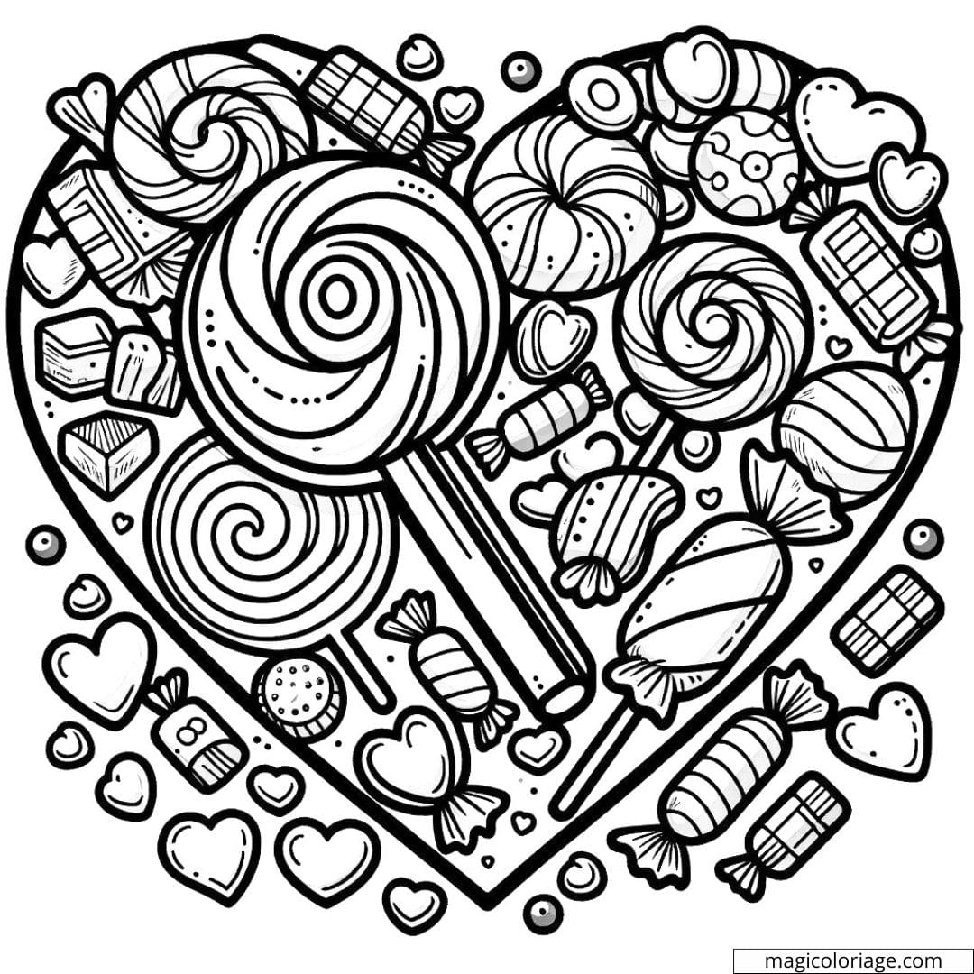 Coloriage à imprimer de cœur avec des bonbons et des sucettes