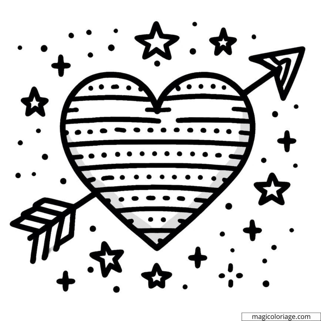 Coloriage à imprimer de cœur avec des flèches et des étoiles