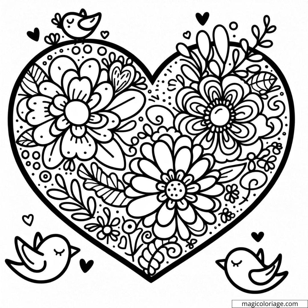 Coloriage à imprimer de cœur avec des fleurs et des oiseaux