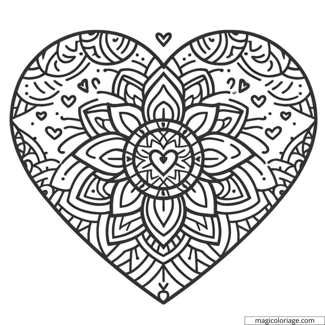 Coloriage à imprimer de cœur avec des motifs de mandala