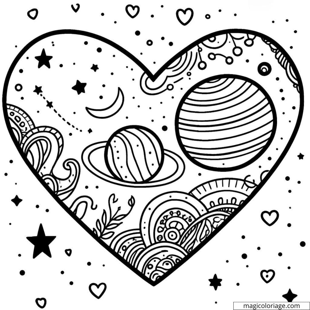 Coloriage à imprimer de cœur avec des motifs de galaxies et de planètes