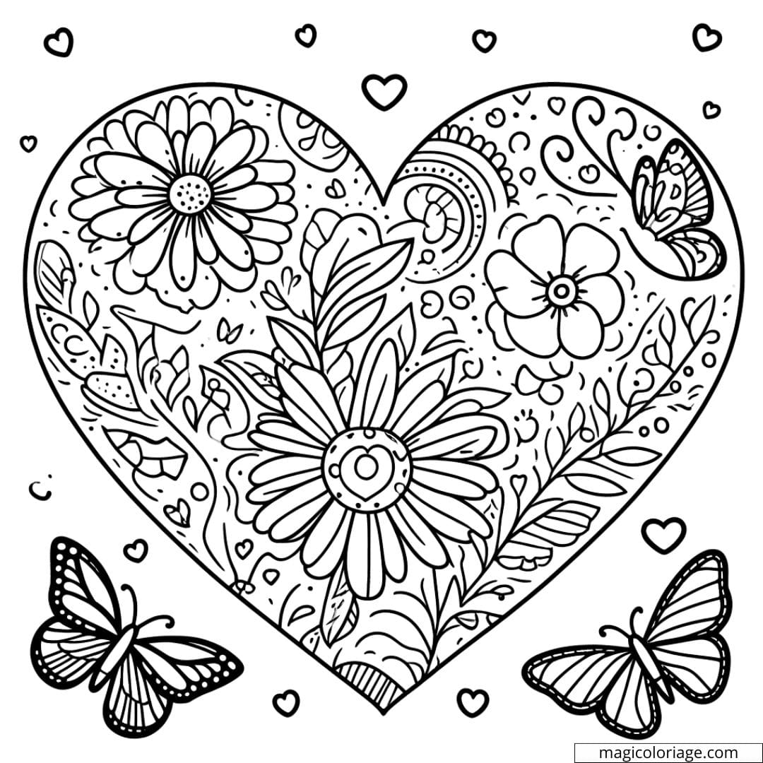 Coloriage à imprimer de cœur avec des motifs floraux et des papillons
