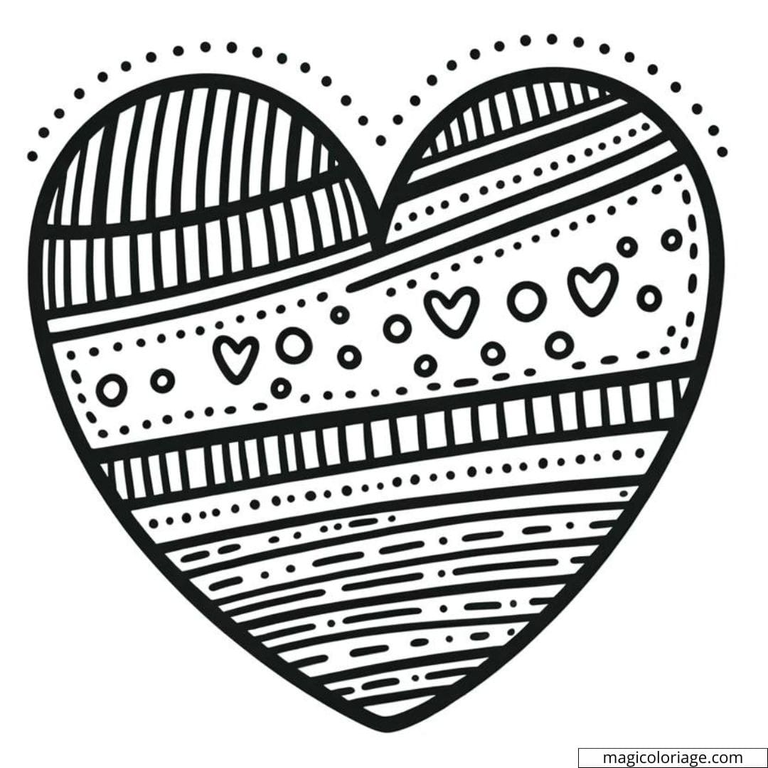 Coloriage à imprimer de cœur avec des rayures et des pois
