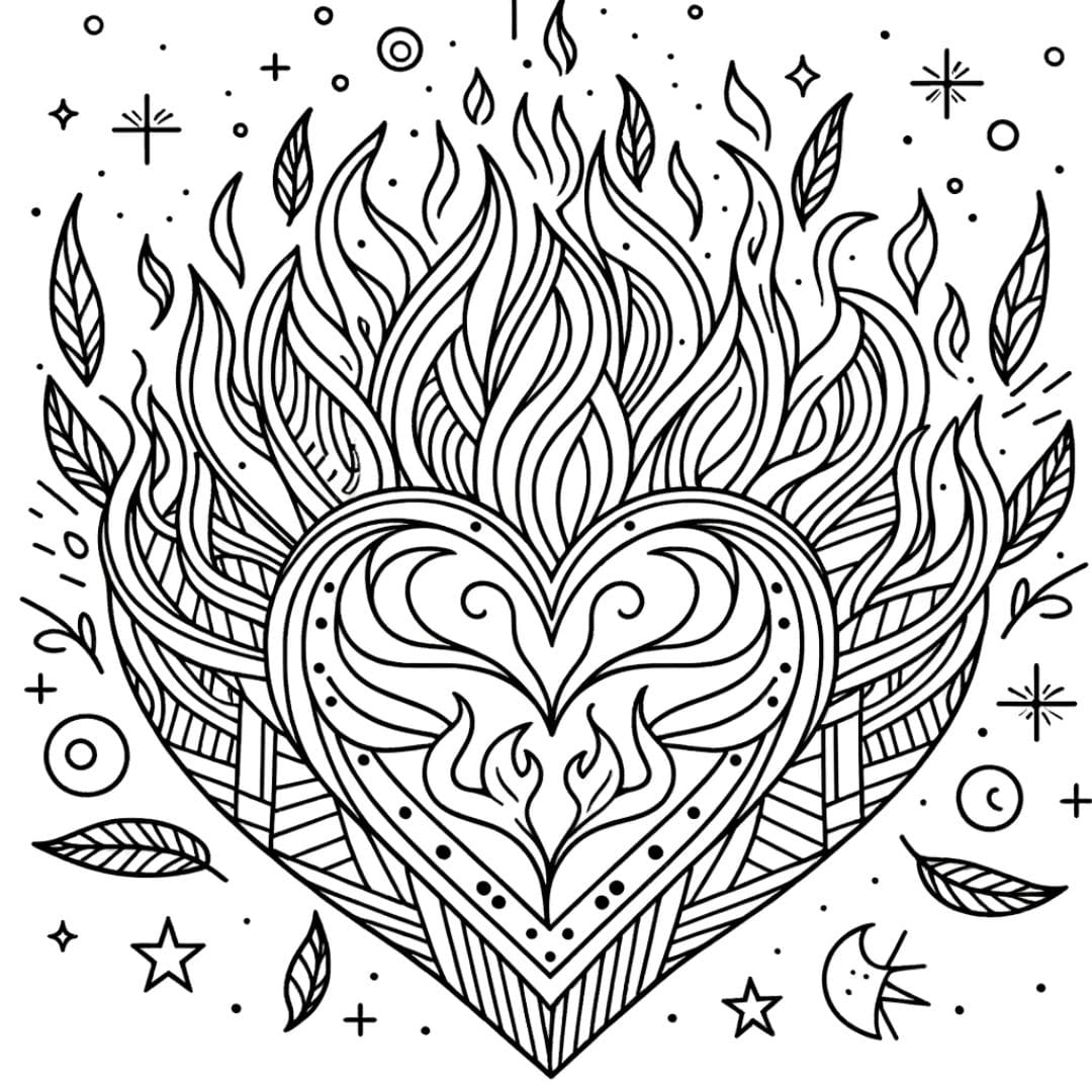 Coeur avec flammes pour coloriage