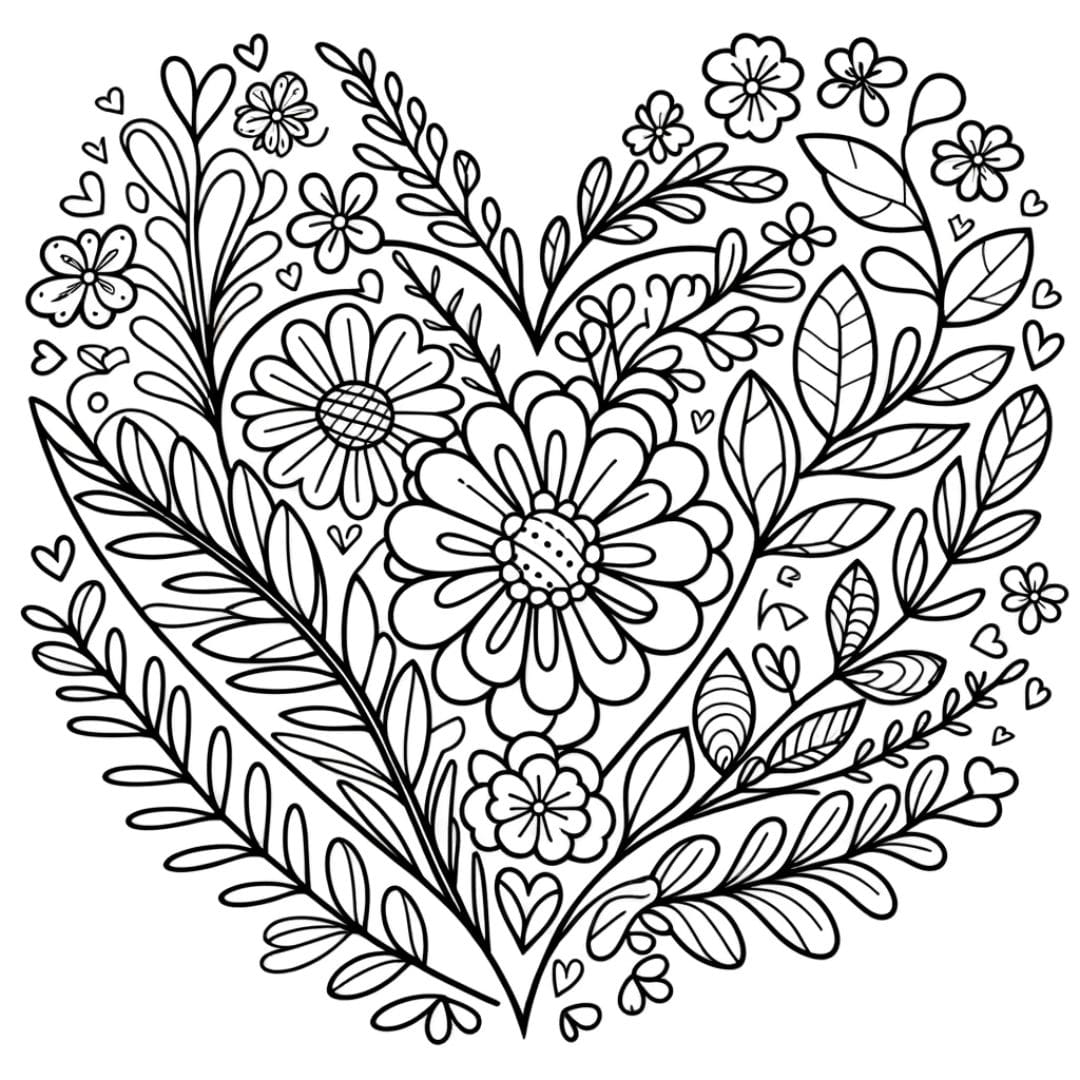 Coeur avec fleurs pour coloriage