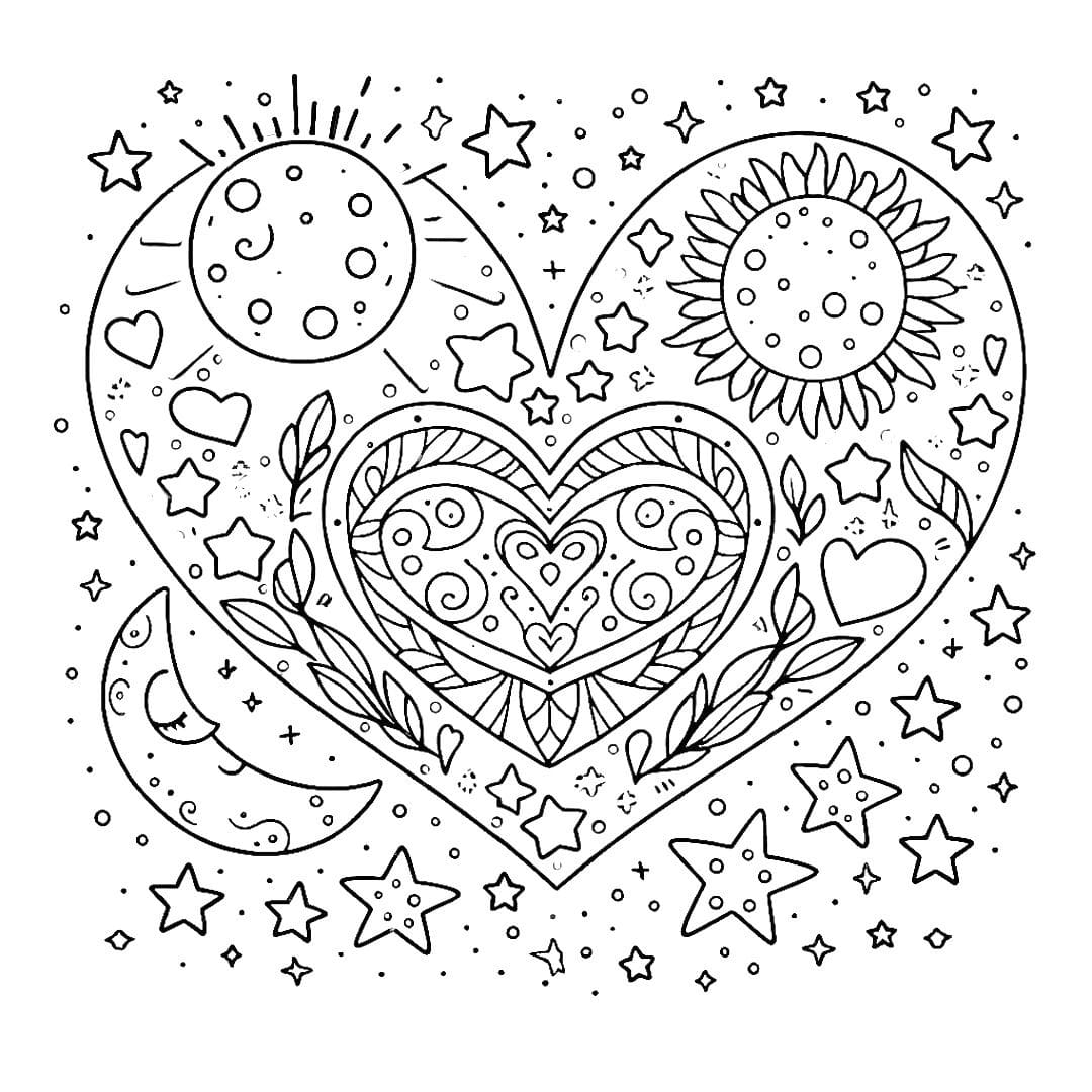 Coeur avec motif lune et étoiles pour coloriage