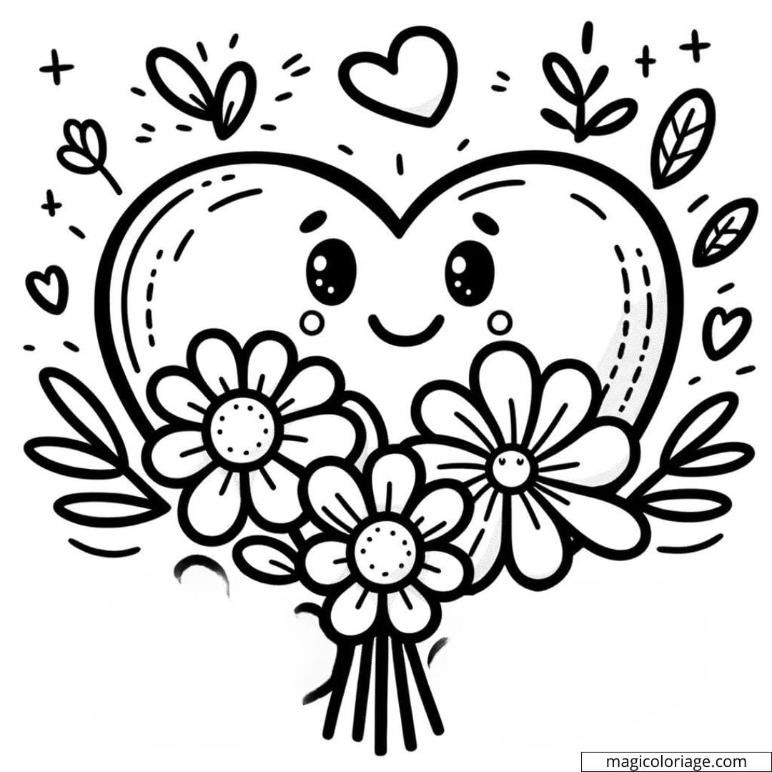 Coloriage à imprimer de cœur avec un visage souriant et des fleurs