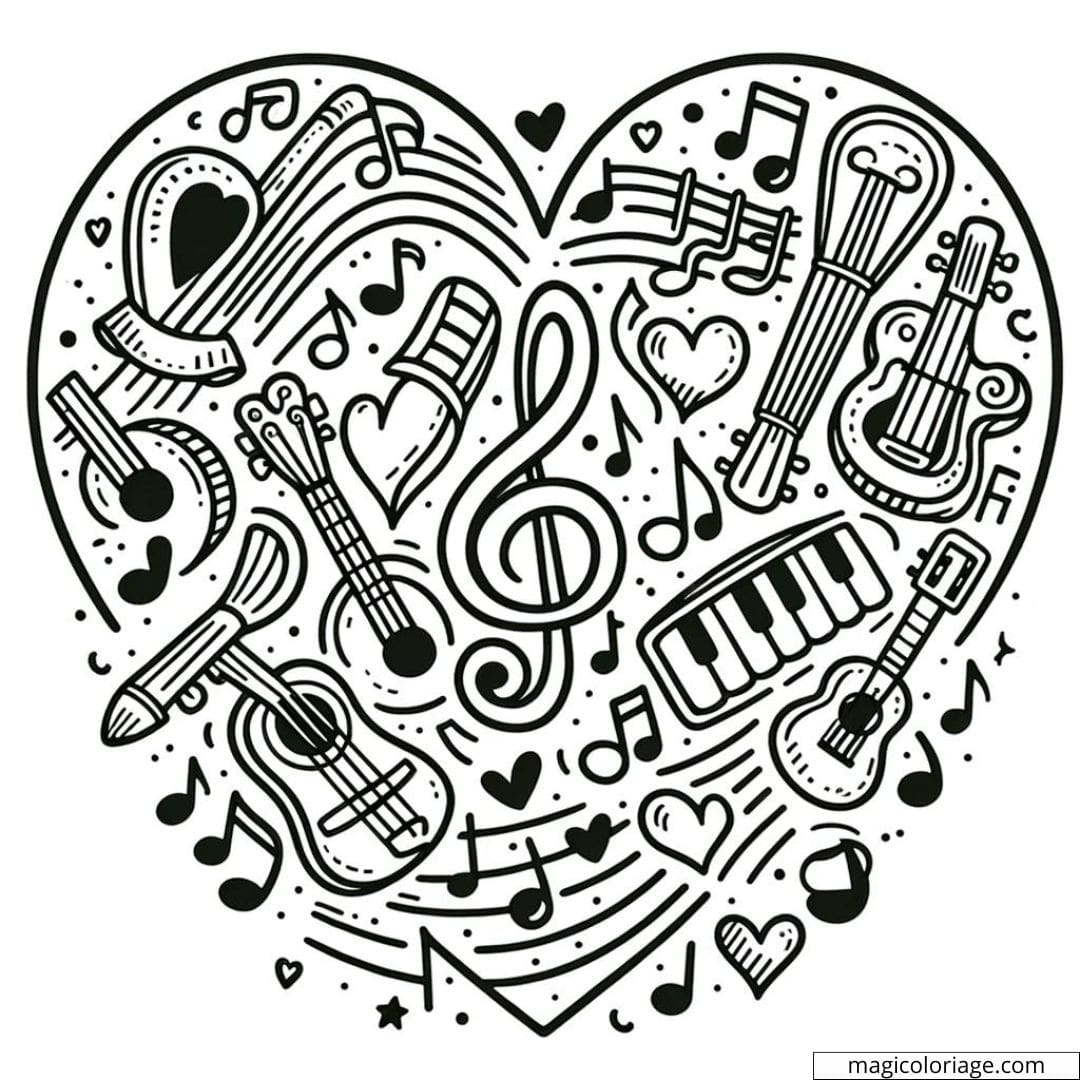 Coloriage à imprimer de cœur avec des notes de musique et des instruments