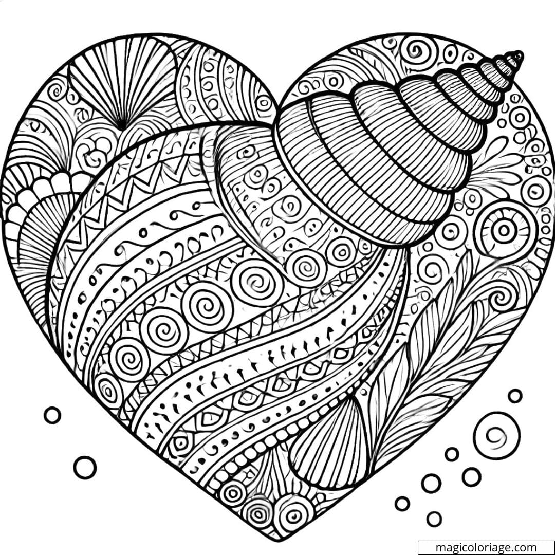 Dessin à colorier de coquillage en forme de cœur avec des motifs