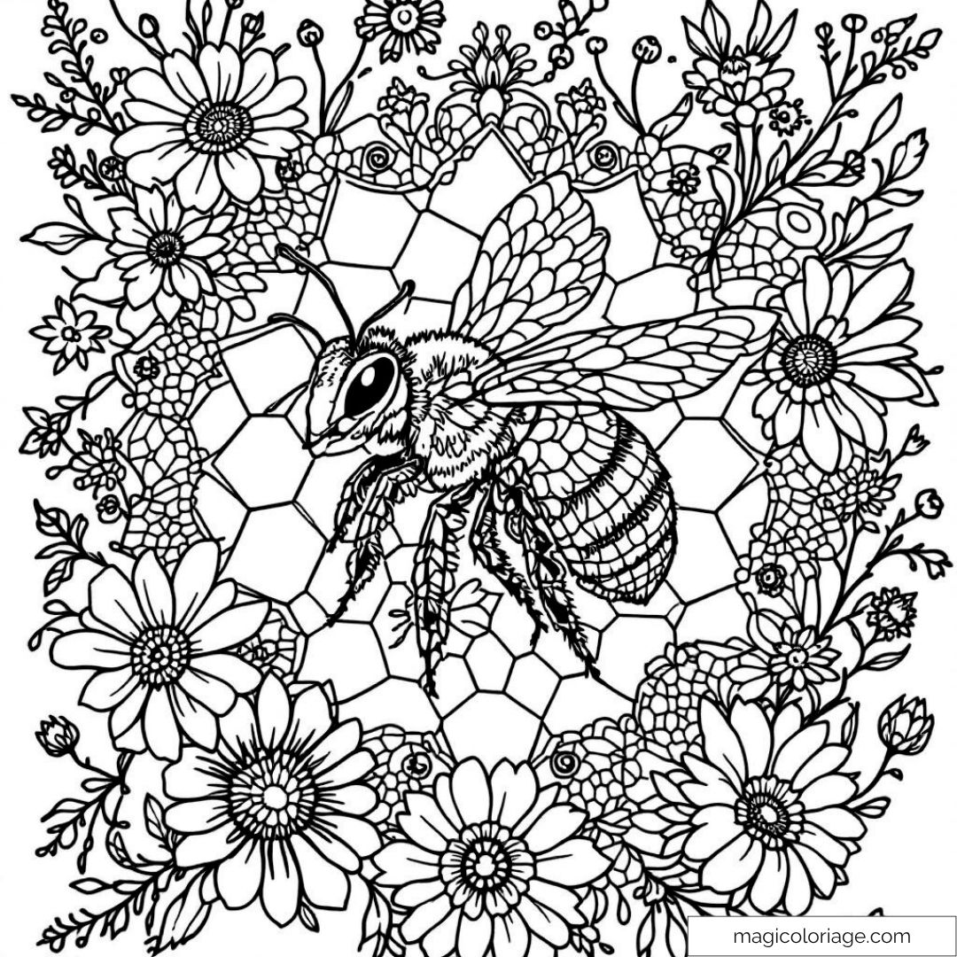 Abeille entourée de fleurs et motifs à colorier.
